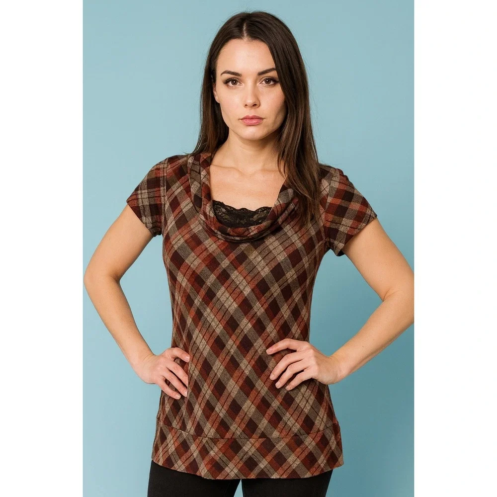 Iz Byer Womens Y2K Cap Sleeve Plaid Top Size‎ Medium Brown Academia Grunge Bratz